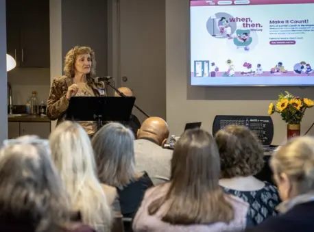 Mary Jo Grieve, VPM’s Director of Early Childhood Care and Education, speaks with community members in Charlottesville about the 90by5 campaign.