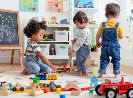 Three young children play with toys in a childcare room.